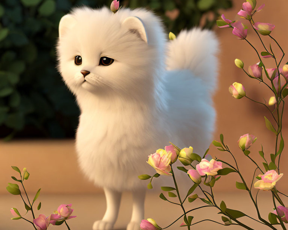 White Kitten Next to Pink Flowers on Soft Background