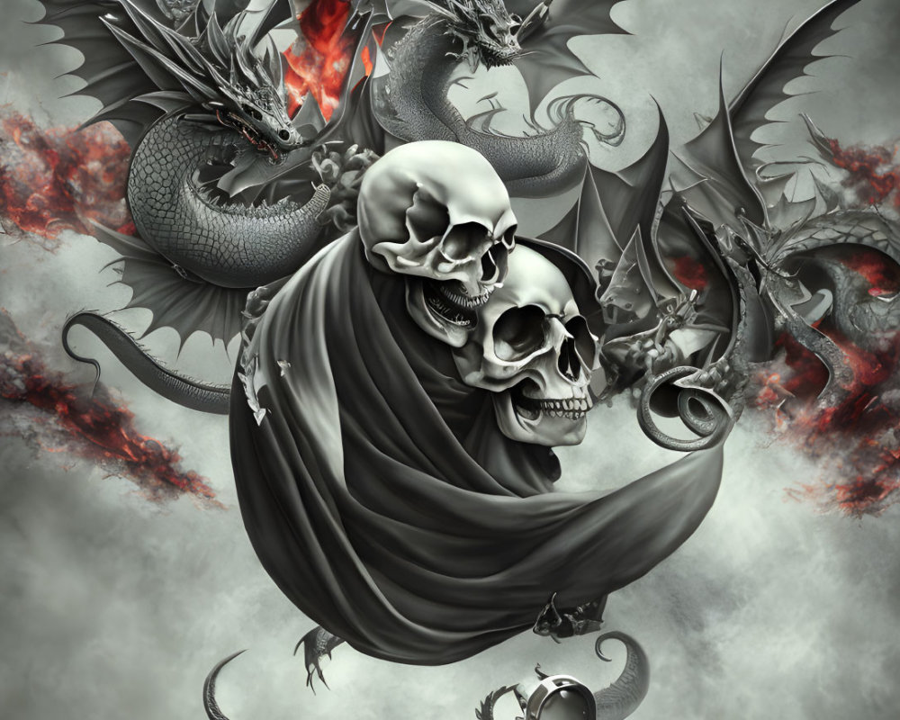 Monochromatic skull art with dragons in dark setting