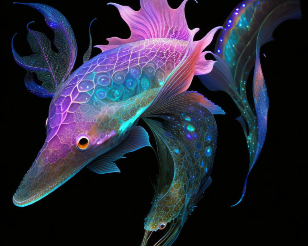 Iridescent Fish Artwork with Flowing Fins and Glowing Bodies