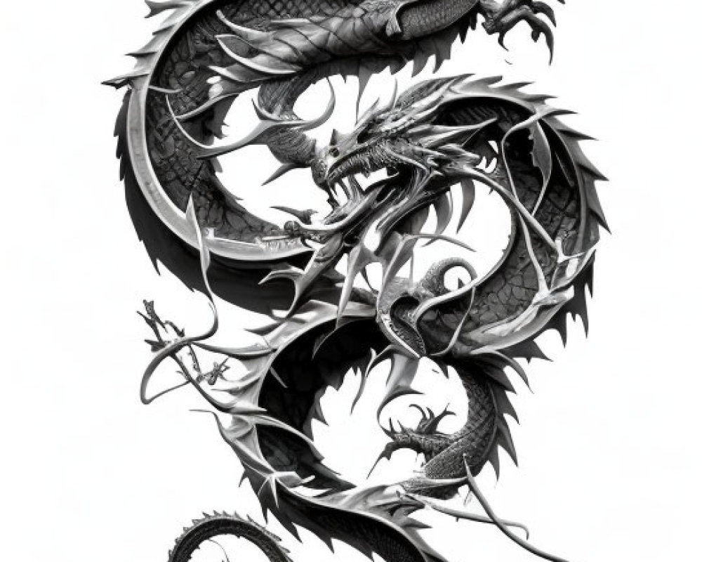 Detailed Monochrome Dragon Artwork with Elaborate Wings and Sharp Claws