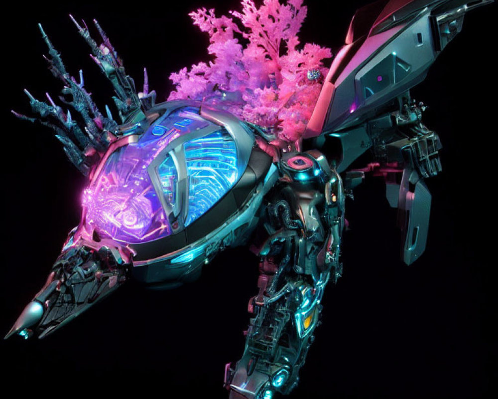 Futuristic underwater vehicle with mechanical tentacles and pink coral formation against dark background