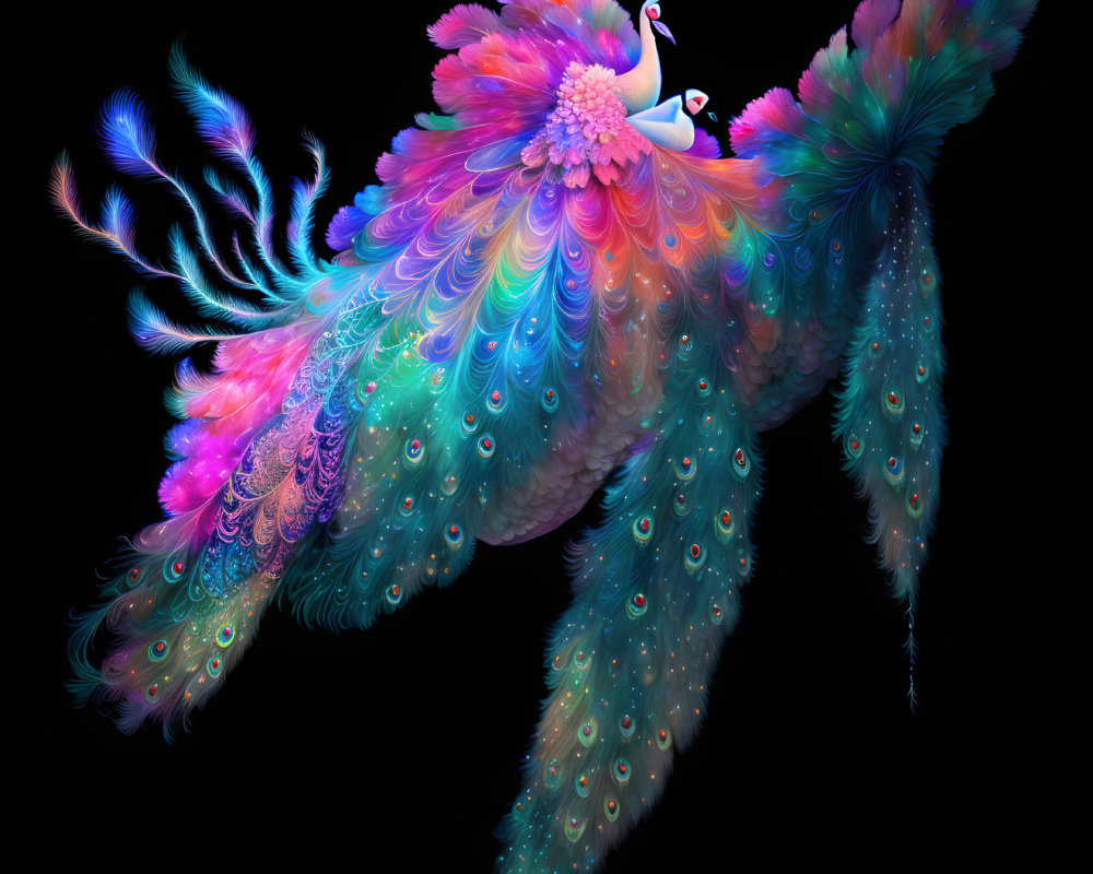 Colorful Peacock Digital Artwork on Black Background