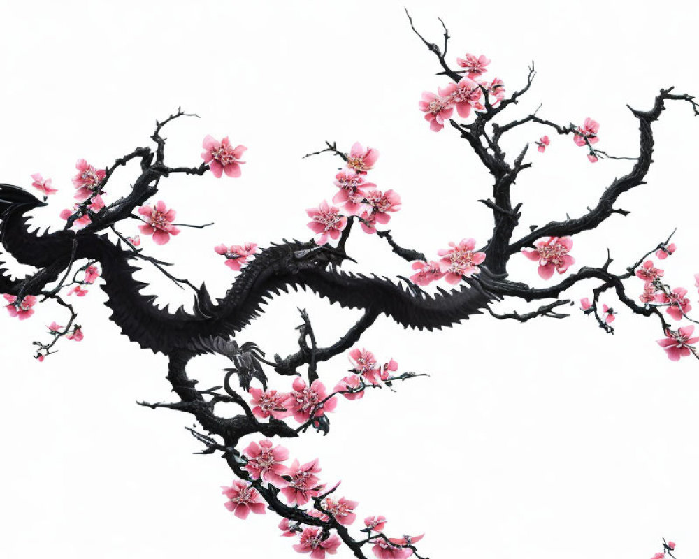 Stylized black dragon with cherry blossoms on white background