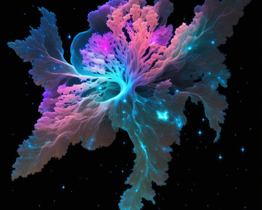 Colorful Digital Artwork: Neon Coral & Abstract Nebula in Blue, Purple, Pink Hues