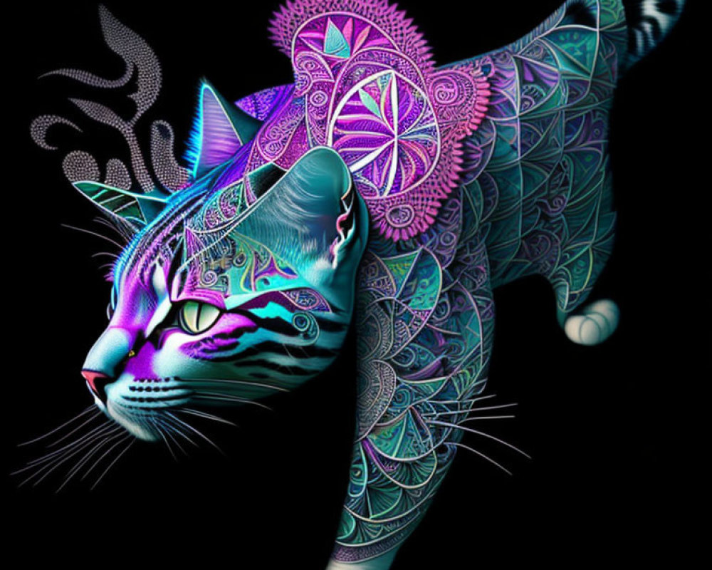 Colorful Stylized Cat Illustration with Mandala Designs on Black Background