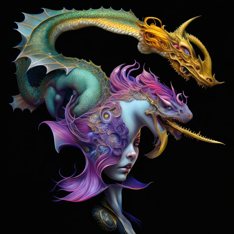 Fantastical digital artwork: Woman with purple and blue face designs transforming into a golden dragon