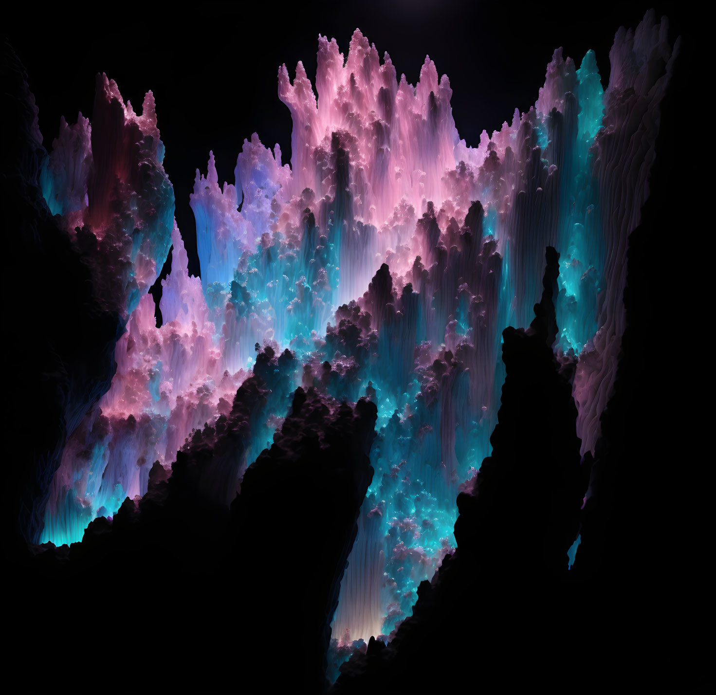 Vibrant surreal digital artwork: jagged crystalline formations in pink, blue, and turquoise on