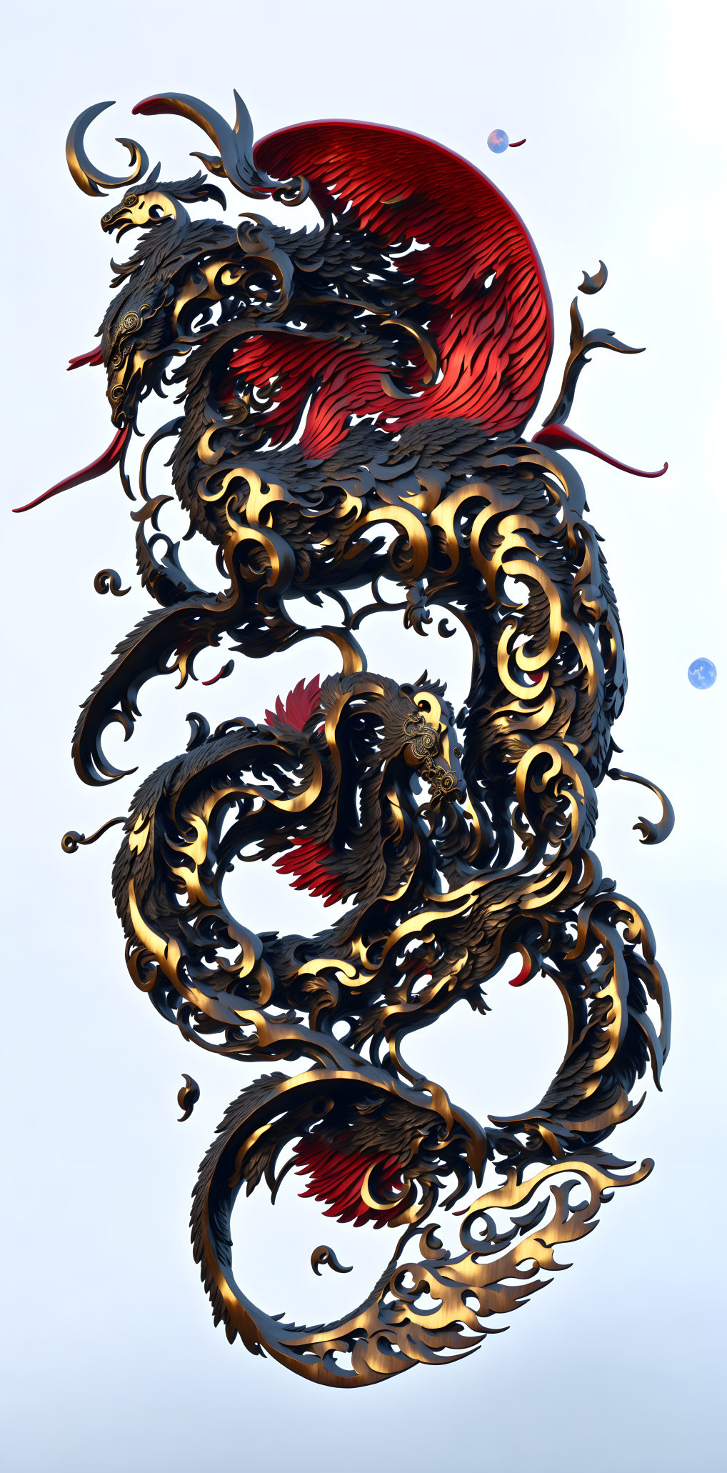 Elaborate Golden Dragon with Red Spirals in Traditional Asian Art Style