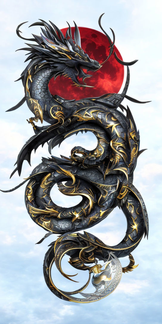 Black and Gold Dragon Coiled Against Cloudy Sky with Blood-Red Sun