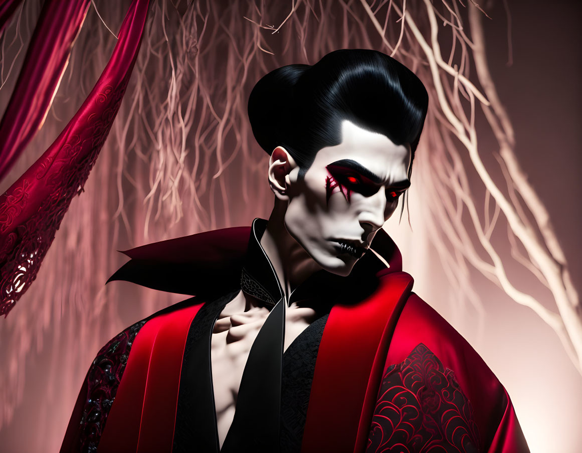 Male vampire with slicked-back hair, red eyes, and cape in dark setting