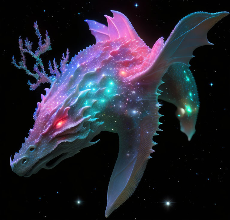 Colorful cosmic dragon with neon highlights and coral-like appendages in starry space.