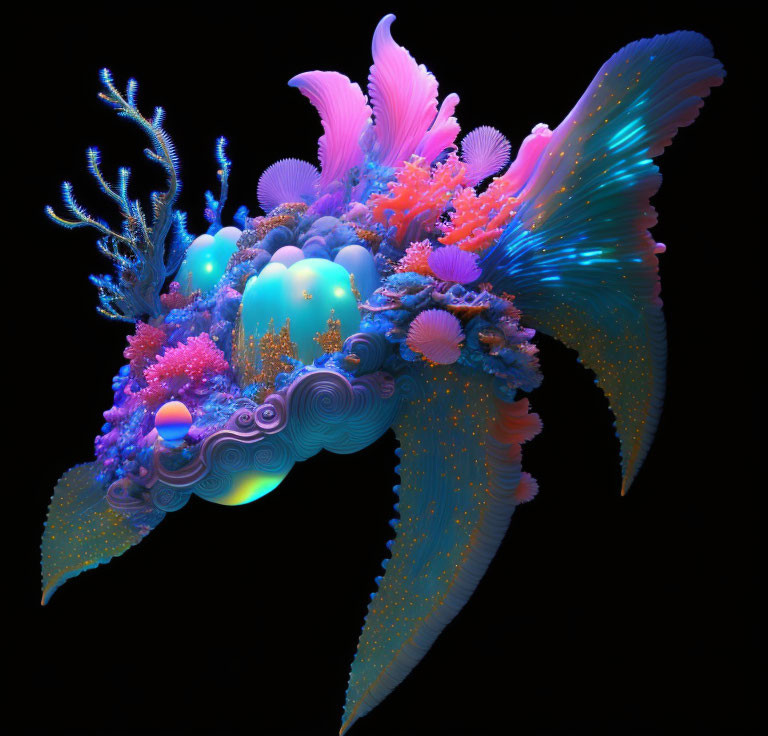 Colorful Abstract Fish Creature with Coral and Anemone Textures on Black Background