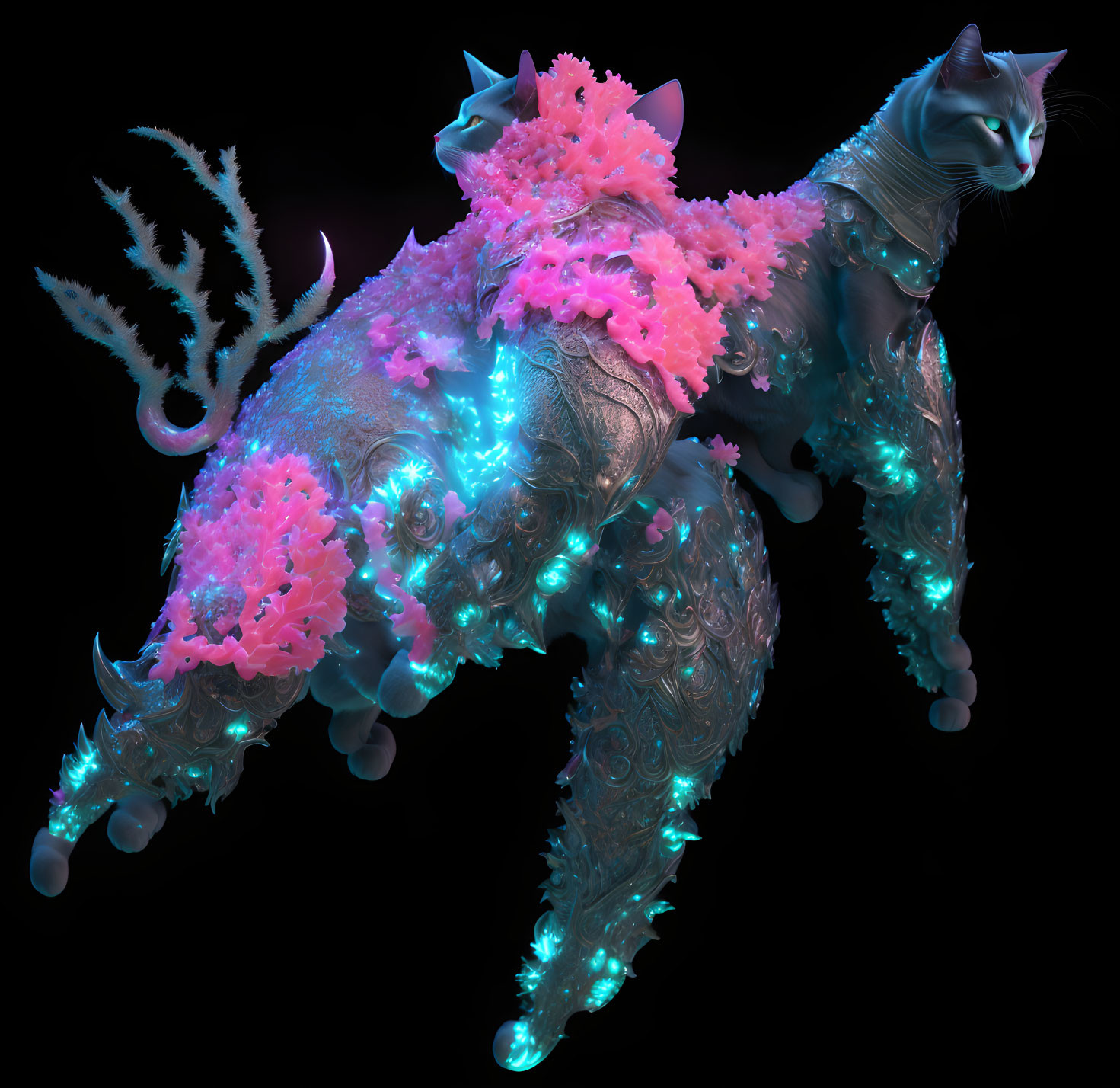 Fantastical cat digital artwork with glowing turquoise and pink coral-like structures