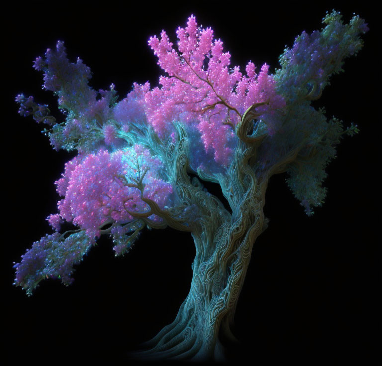 Whimsical tree digital artwork with glowing pink and blue hues