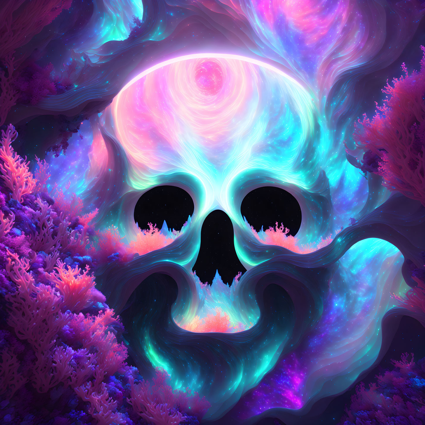 Colorful digital artwork: Neon skull with cosmic patterns in psychedelic space