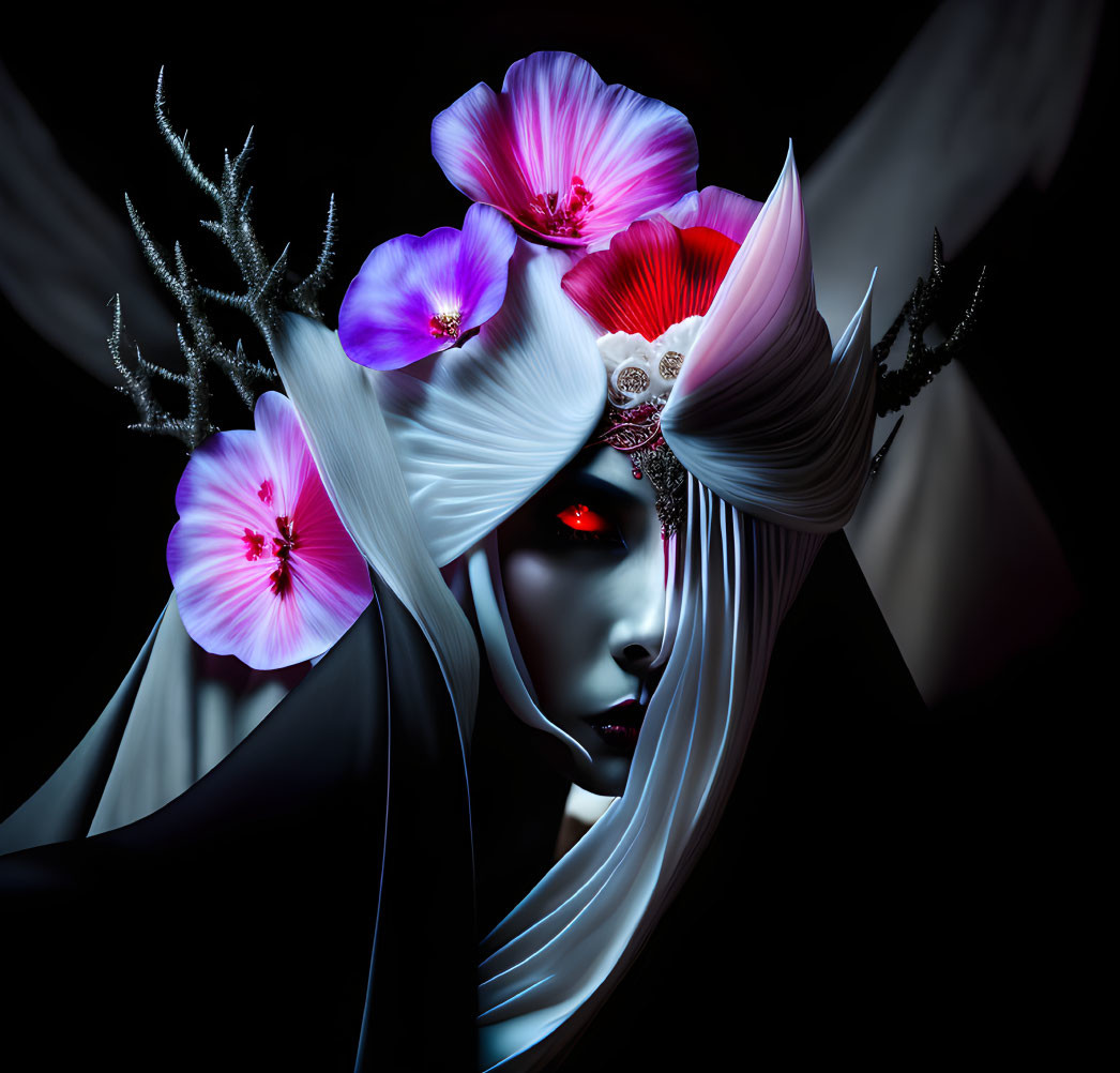 Vibrant red-eyed face surrounded by pink flowers and tree branches with dark and white drapery