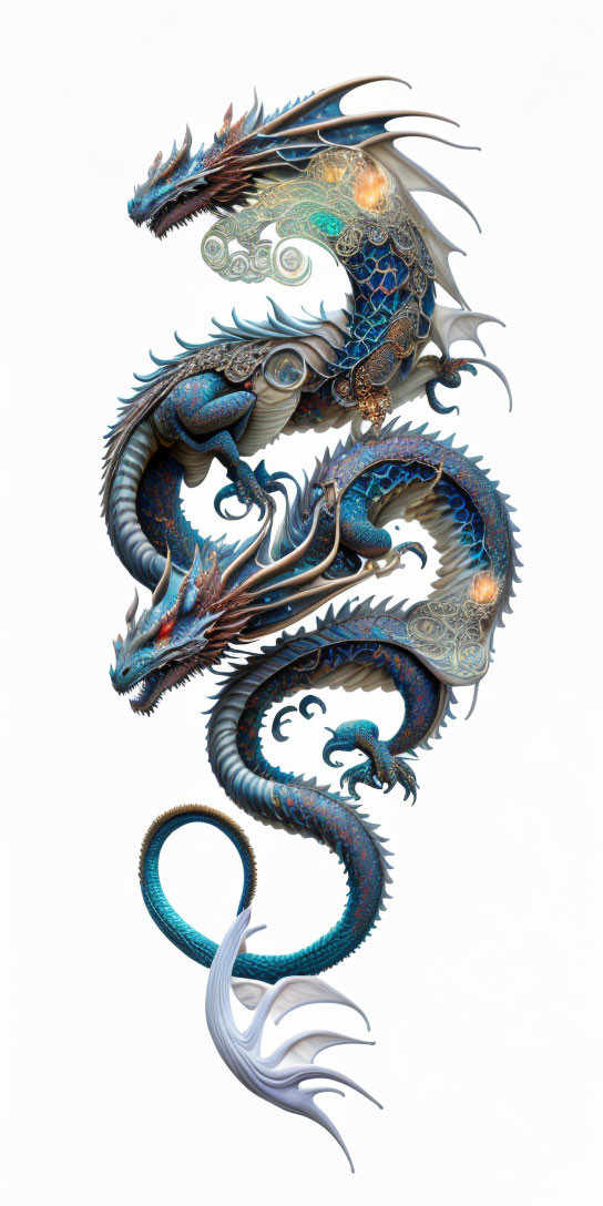 Detailed Mythical Dragon Illustration: Intricate Blue Patterns and Ornate Scales