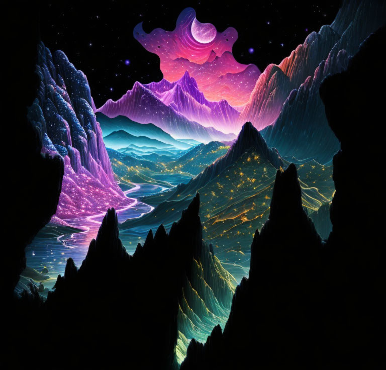 Surreal neon-lit landscape with mountains, river, sky, and moon