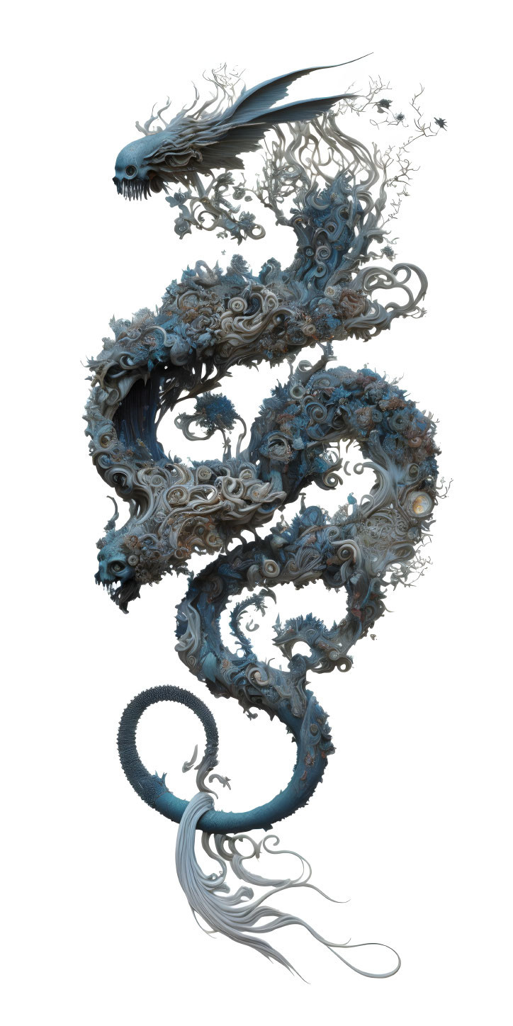 Blue dragon with ornate swirls and floral motifs, long body and delicate wings in spiral formation