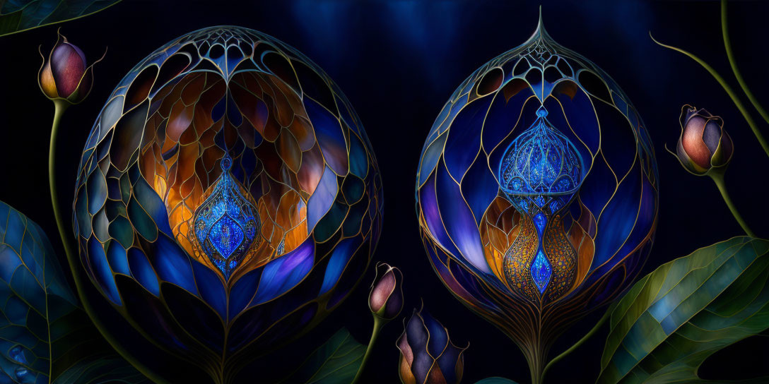 Glowing lanterns in leaf-like structures on dark blue background