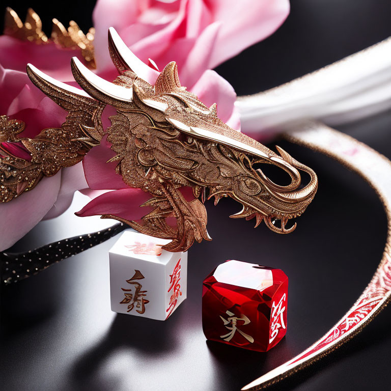 Golden dragon figurine with pink flowers and red Chinese dice on white pedestal.