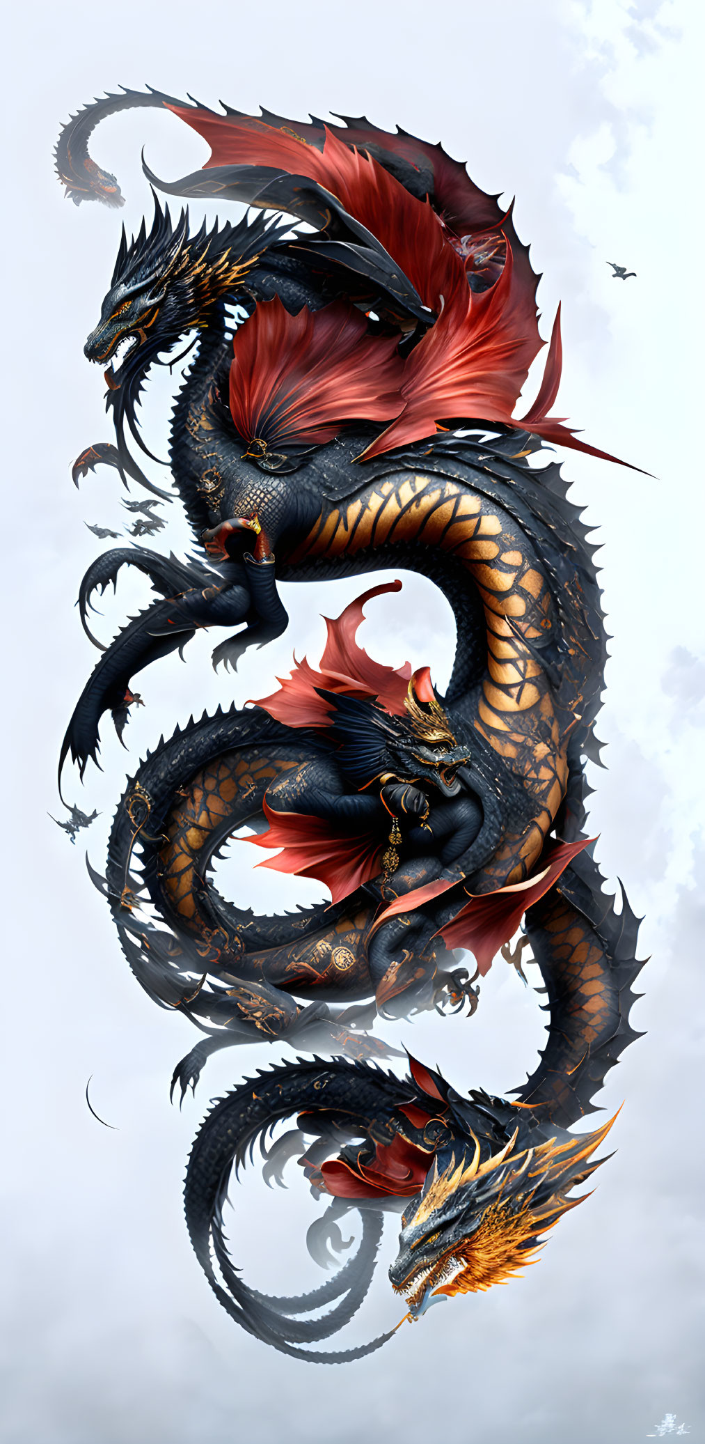 Red and Black Dragon with Golden Details in Cloudy Sky