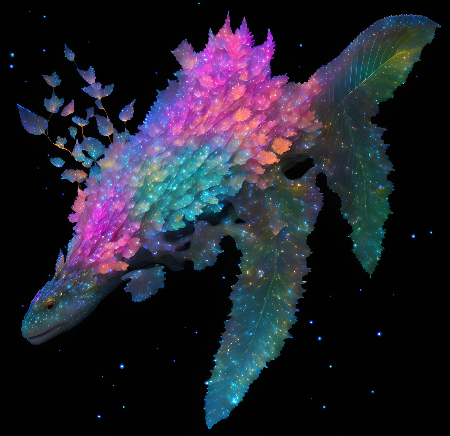 Digital fish-like creature with iridescent scales and leaf-like fins on starry backdrop