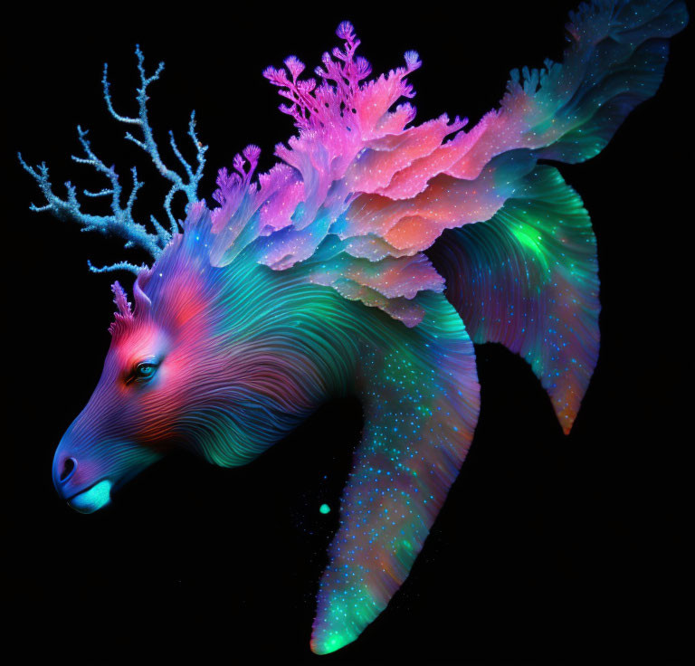 Colorful digital artwork: mythical aquatic horse with coral mane