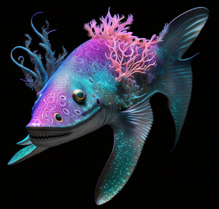 Fantasy fish with coral-like structures and bioluminescent spots