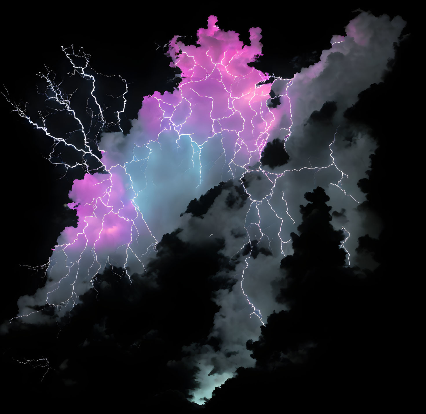 Colorful lightning bolts in purple and white against dark, cloudy sky with greenish glow