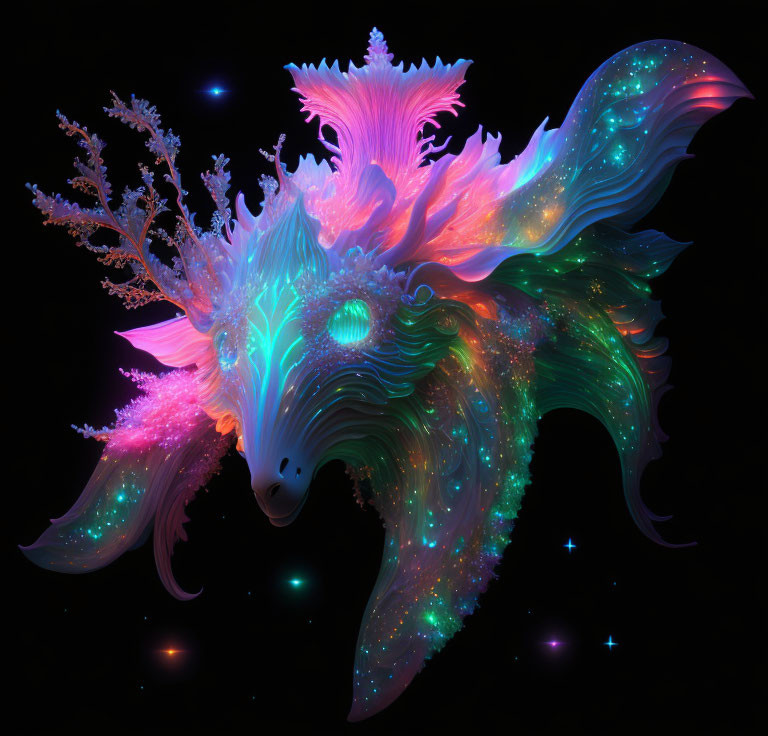 Colorful Neon Fractal Abstract Creature with Flowing Tendrils