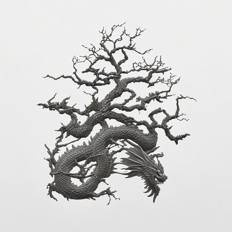 Detailed Monochrome Dragon Artwork with Tree Branches on Plain Background