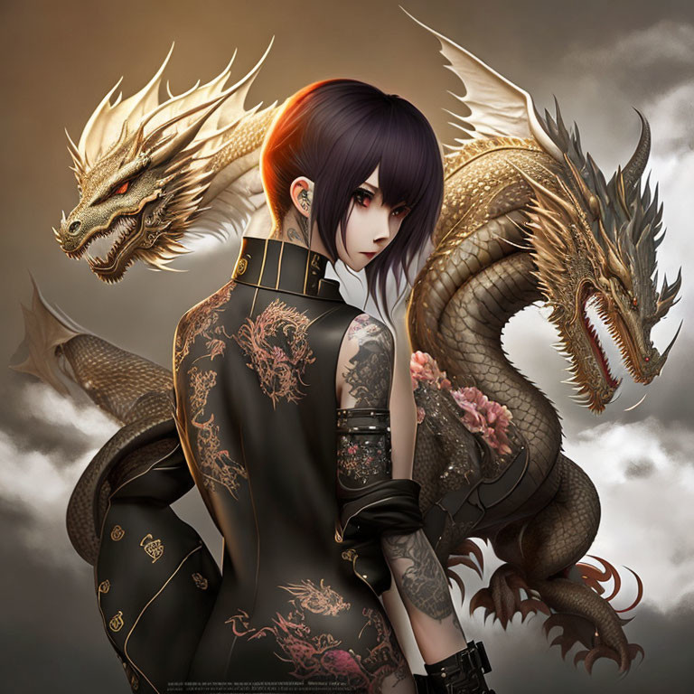 Digital Artwork: Woman with Purple Hair and Dragon in Moody Setting