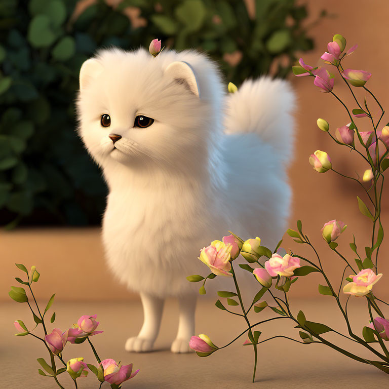 White Kitten Next to Pink Flowers on Soft Background