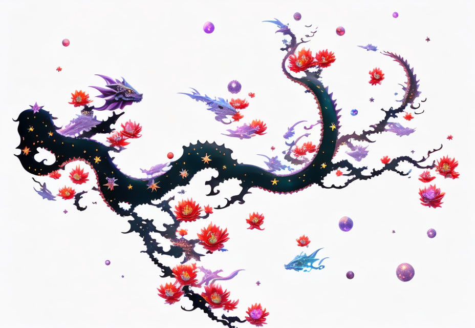 Serpentine dragon with red blooms and orbs in a colorful fantasy scene