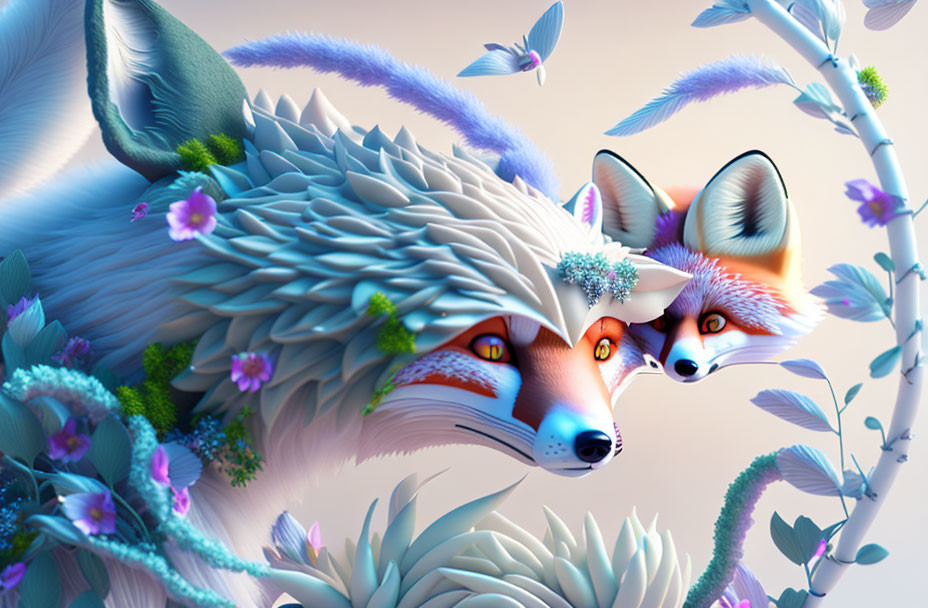 Colorful Stylized Image: Two Foxes in Lush Flora