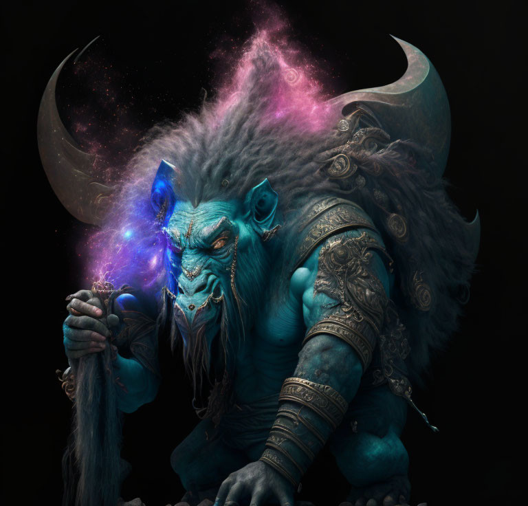 Blue-skinned fantasy creature with horns and glowing magic hand on dark cosmic backdrop