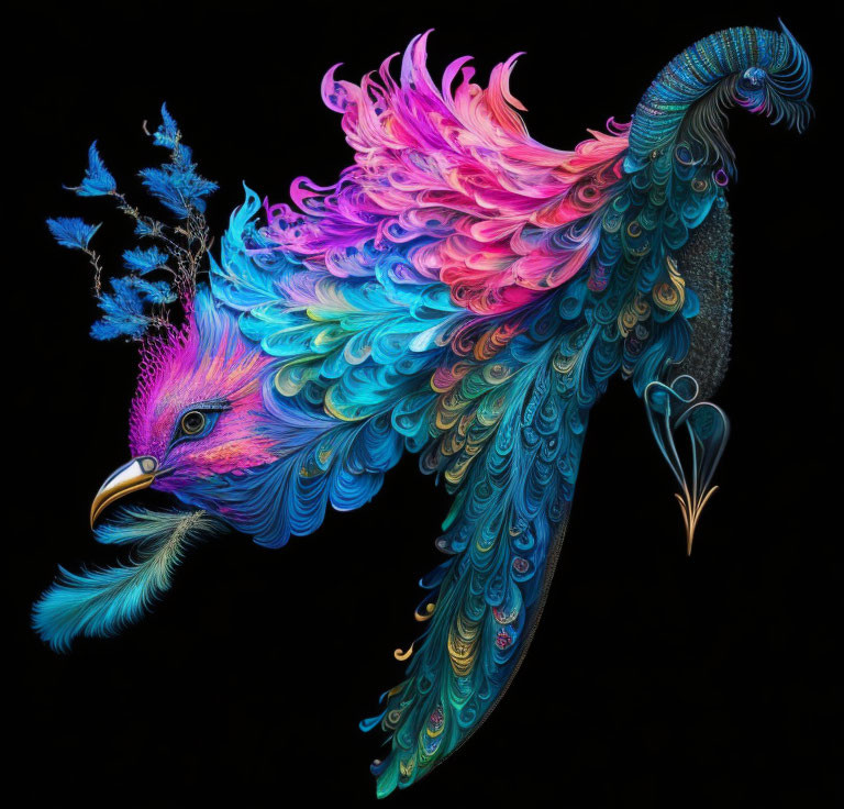 Colorful Bird Illustration with Detailed Feathers on Black Background