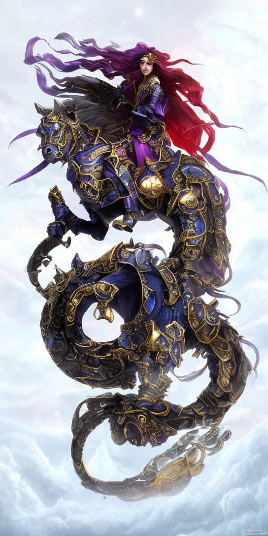 Elaborate Purple and Gold Armored Warrior Riding Serpentine Dragon