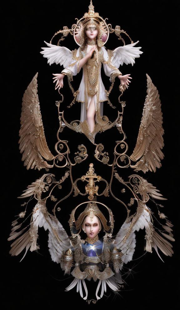 Symmetrical angelic figure with multiple wings and golden ornaments on dark background