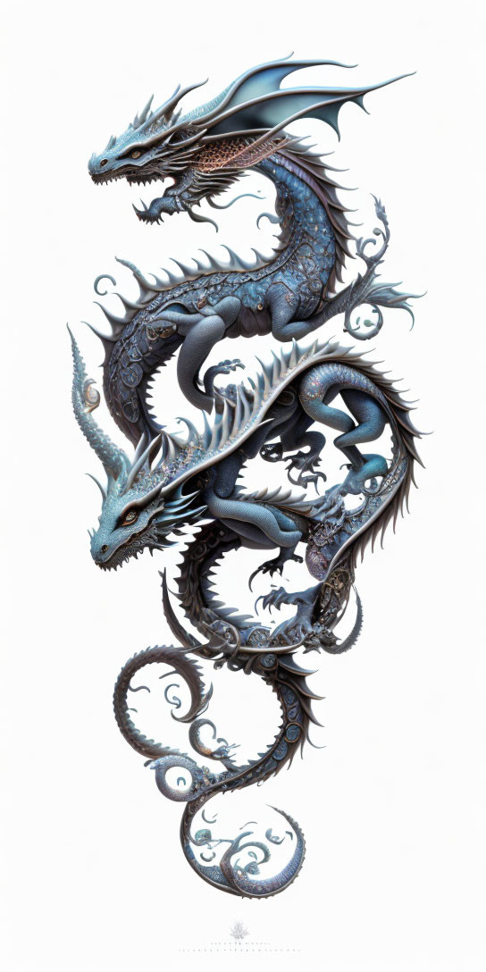 Dual-Headed Blue and White Dragon with Intricate Scales and Wings in Spiral Formation