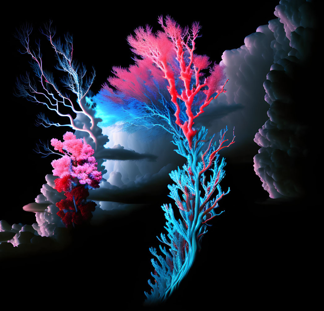 Colorful Coral-Like Structures in Blue and Red on Dark Background