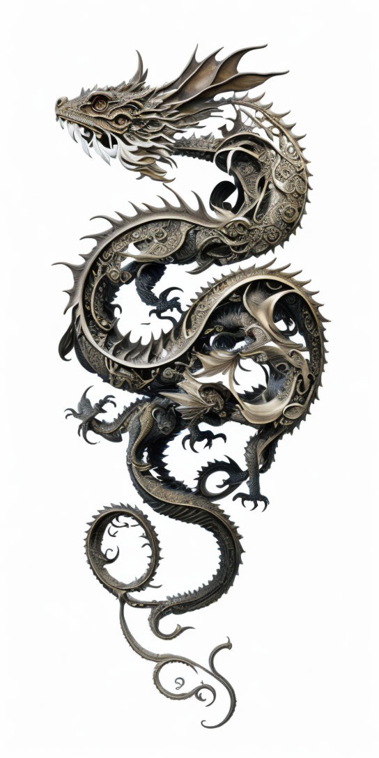 Intricate Metallic Dragon Coiled on White Background