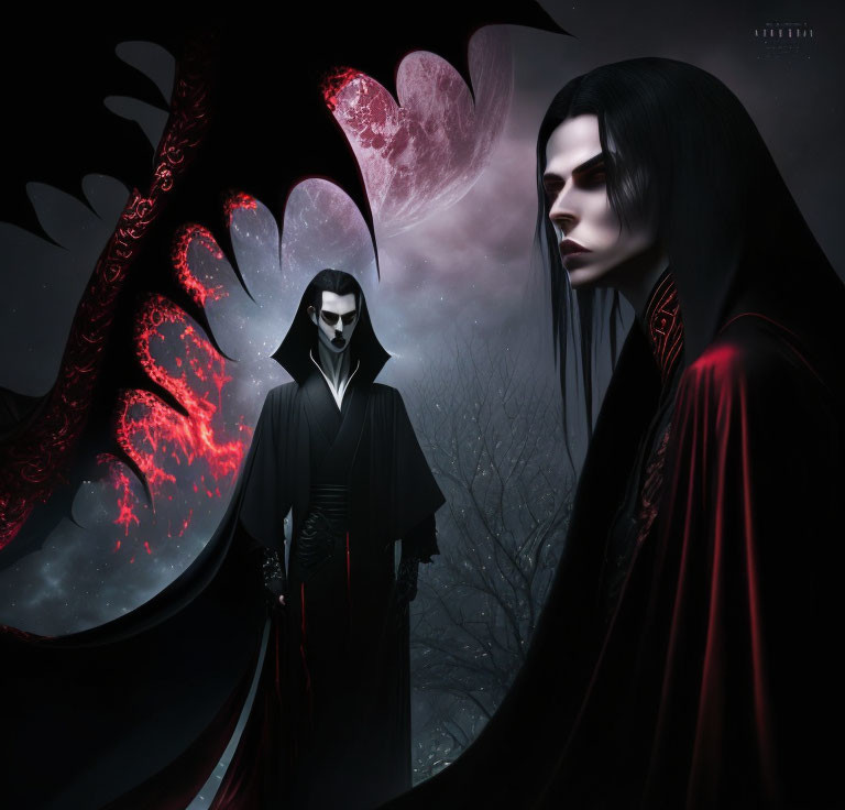 Dark-haired figure in black and red robe with fiery wings in gothic fantasy scene