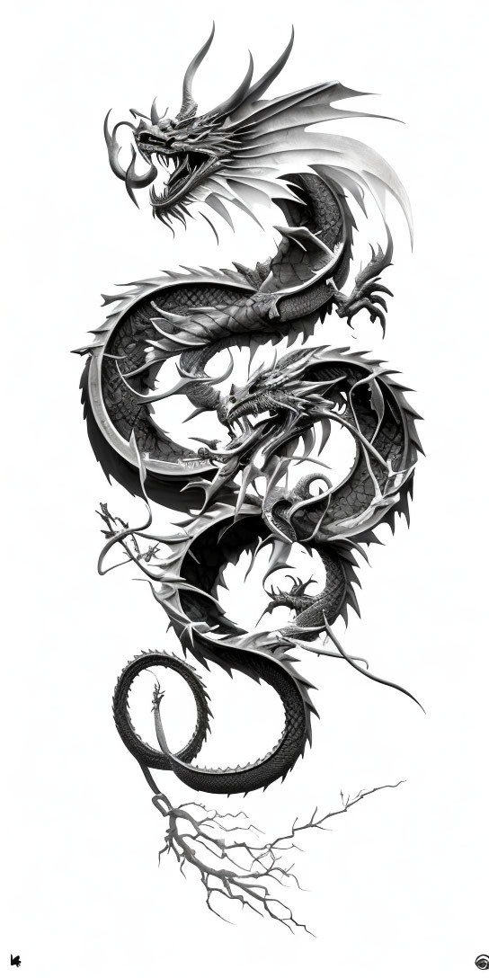 Detailed Monochrome Dragon Artwork with Elaborate Wings and Sharp Claws