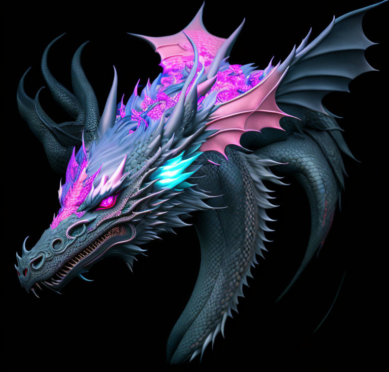 Dragon digital artwork with iridescent scales and vibrant pink & blue accents