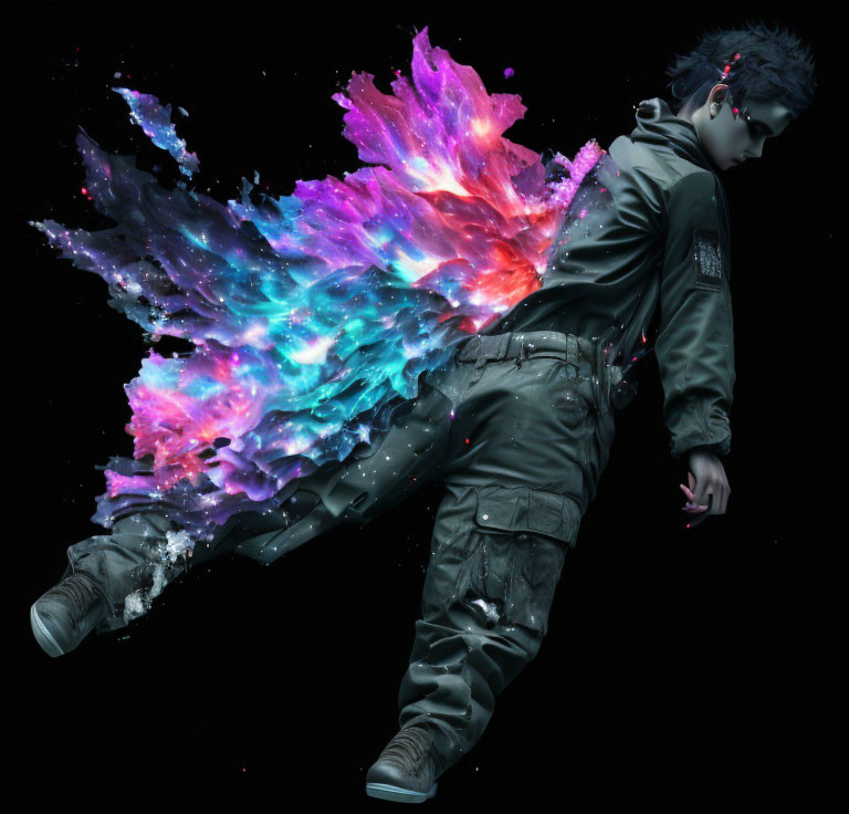 Colorful nebula-like wing effect on person against dark background