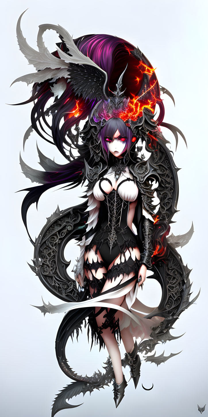 Anime-style female character with purple hair, glowing eyes, ornate black wings, surrounded by infernal