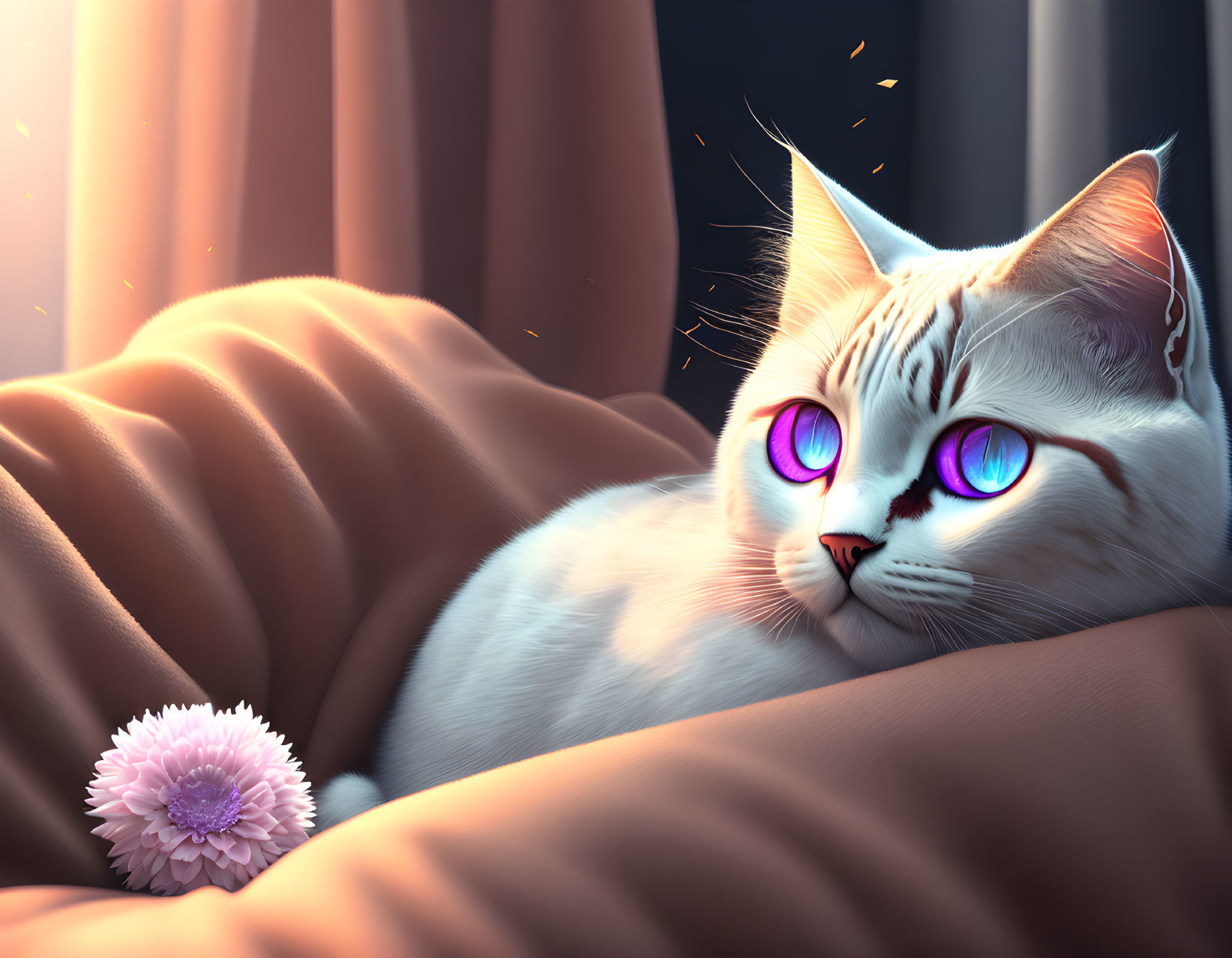 White Cat with Purple Eyes on Brown Blanket with Pink Flower and Soft Light