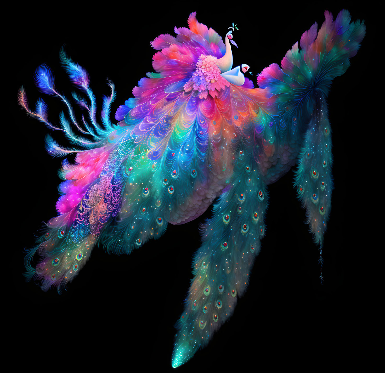 Colorful Peacock Digital Artwork on Black Background